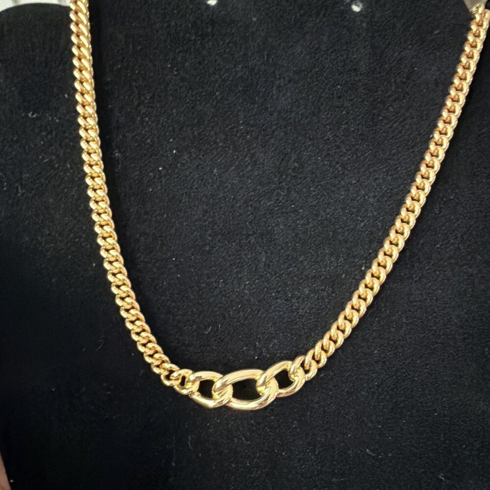 ⁠Vintage Christian Dior Gold Tone Chunky Curb Chain Interlocking Link Necklace View 2